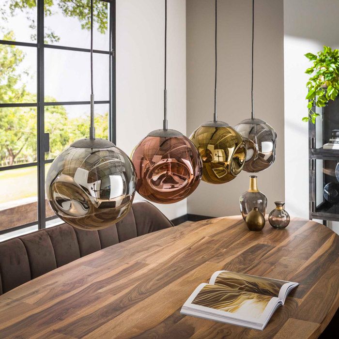 Suspension 4 lampes en verre doré cuivré chromé et métal - TAHOE