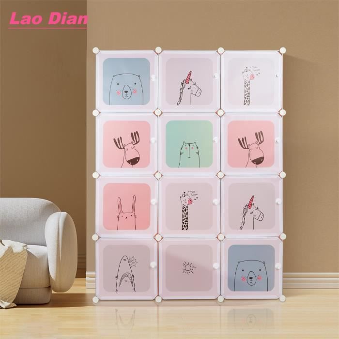 lao dian 12 cubes étagère rangement penderie mobile en pp avec 2 crochets (rose)