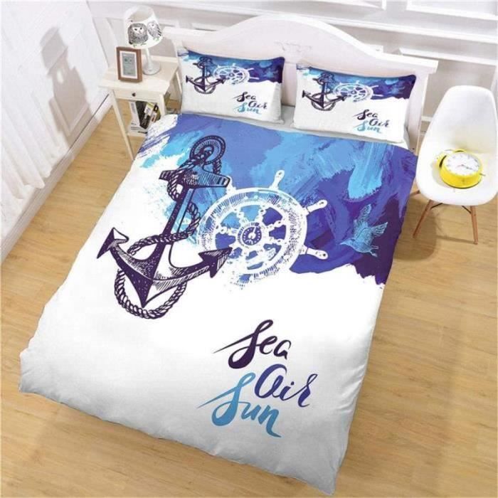 Housse de couette 220x240cm Ancre Marine en 3D - Bleu Blanc Avec deux