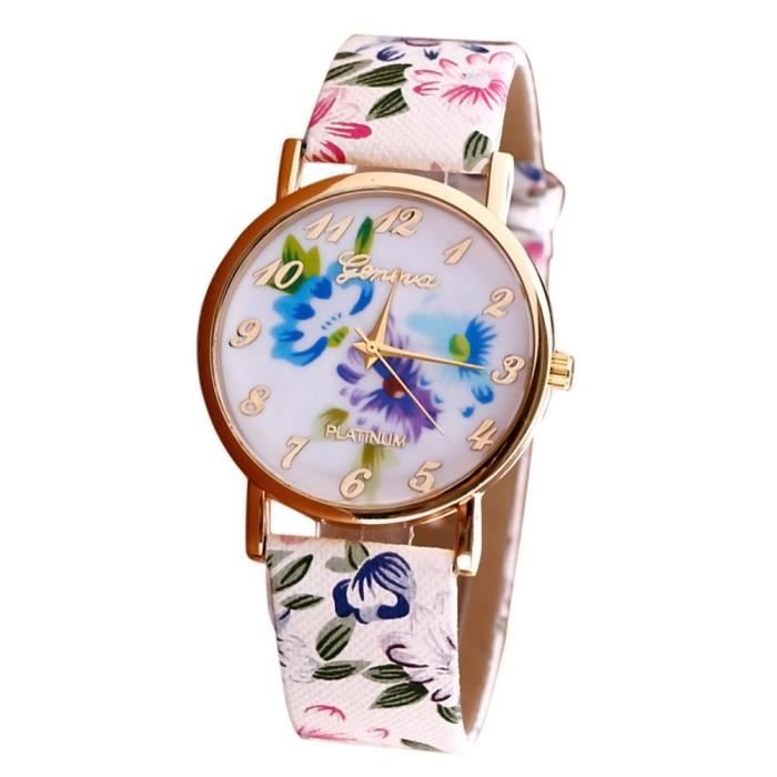 Montre Femme Ernest à Motif Fleurs Violette - Mouvement Quartz - Cadran Argenté - Neuf