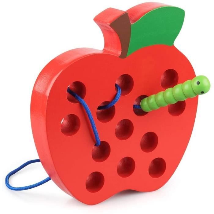 Jouet - Montessori - Bois Laçage Pomme - Rouge - Activité motrice - Cadeau éducatif