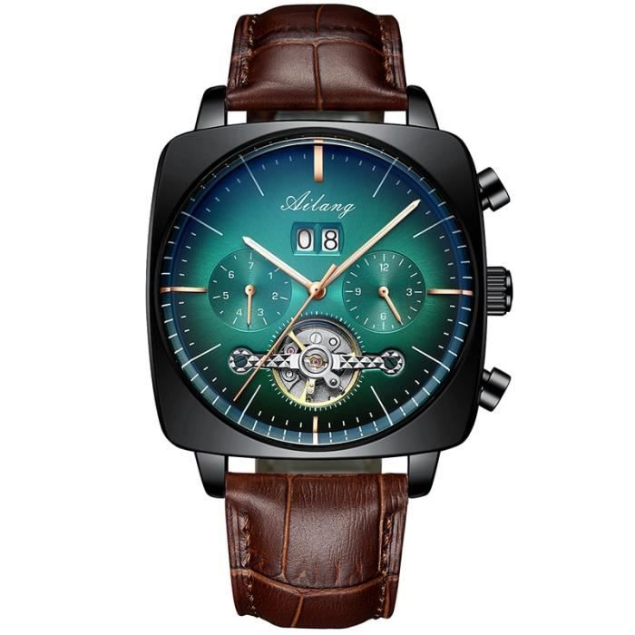 Montre Mécanique Automatique Homme - Cadran Carré Rétro Avec Date Et Semaine - Style Racing Vintage
