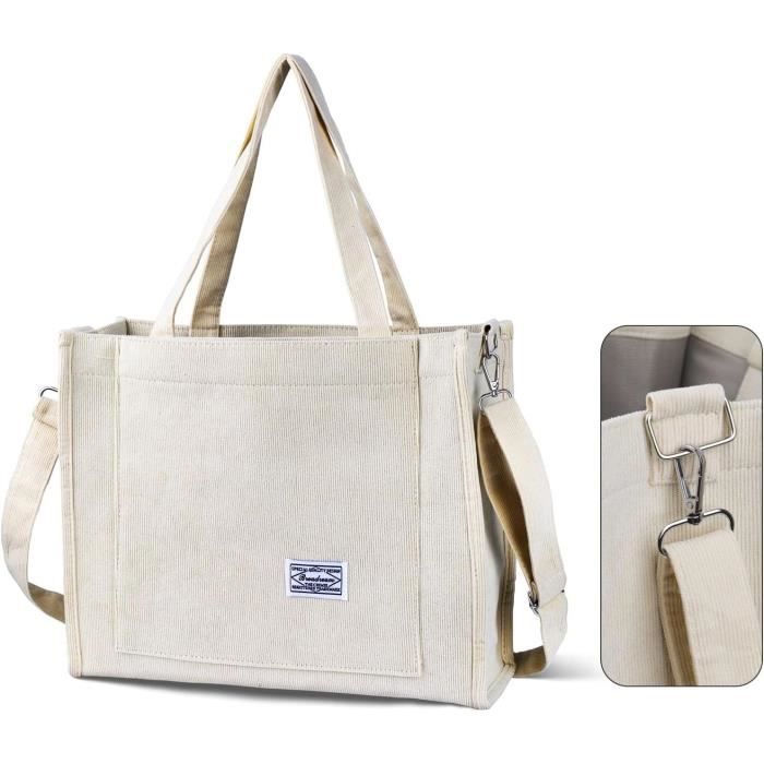 Sac Bandoulière Velours Côtelé Kememo - Grand Format 38x36cm - Multi Poches - Idéal Quotidien