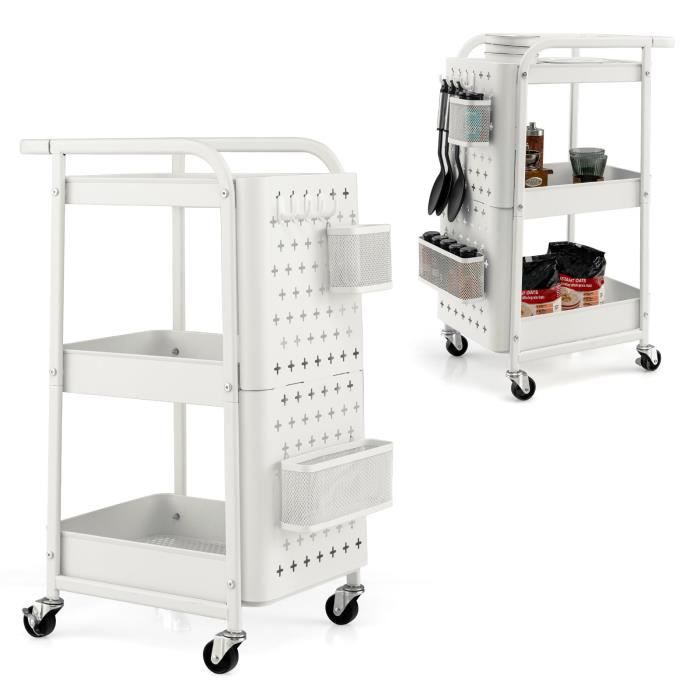 COSTWAY Desserte à Roulettes 3 Niveaux en Métal pour Bureau Chariot de Rangement avec 4 Crochets 2 Panier de Rangement Blanc