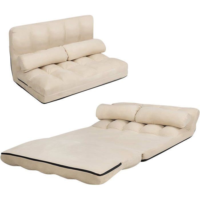 COSTWAY Canapé Convertible Chauffeuse Dossier Réglable 6 Positions 2 Coussins Tissu Aspect Suédé Lavable Beige