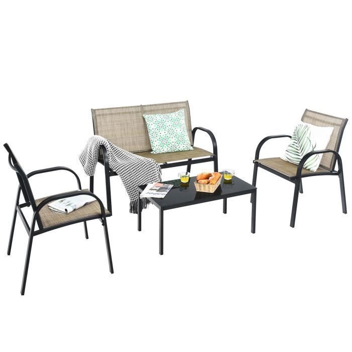 COSTWAY 4 Pcs Salon de Jardin en Textilène - Ensemble Table en Verre Trempé et Chaises 4 Personnes Patins Antidérapants - Marron