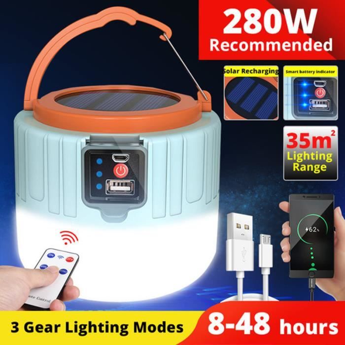Lampe Camping Solaire Recharge USB Batterie Externe Intégrée - Lampe Solaire Exterieur