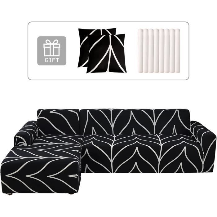 Housse Extensible 2 Pièces Pour Canapé D'angle En L - Avec 2 Taies D'oreiller, Tissu élastique Gris