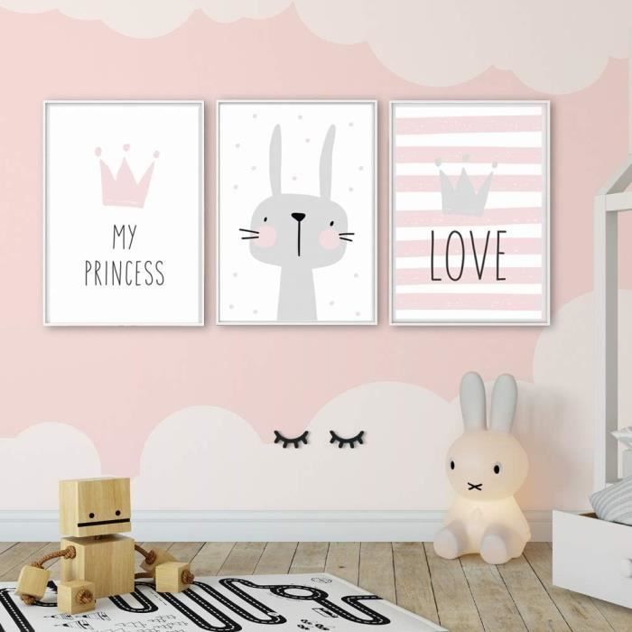 Lot 3 Affiches Chambre Bébé Fille 30x40cm - Fleurs Animaux Lapin Chèvre Toile Sans Cadre