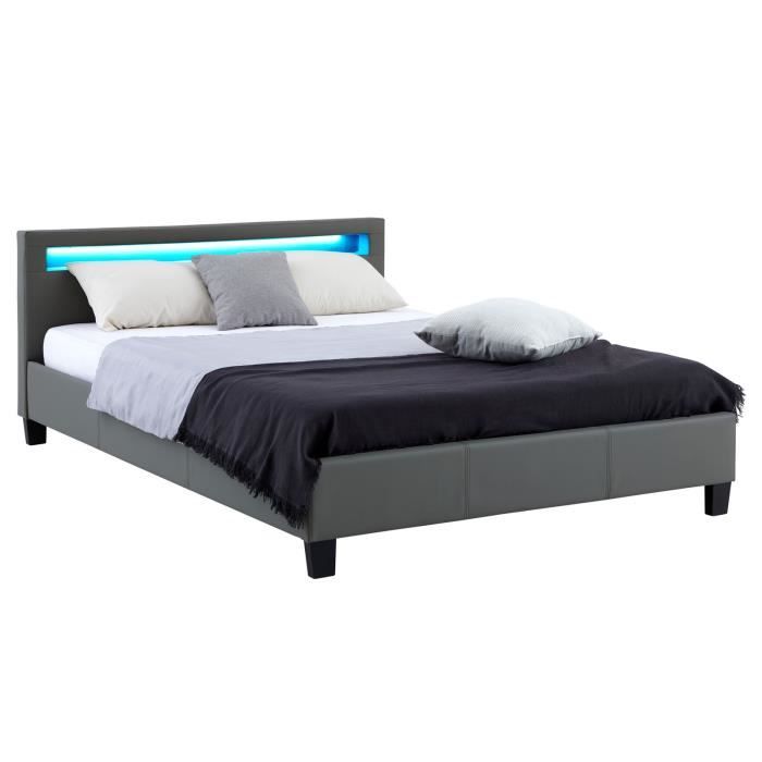 lit double pinot avec sommier 140x190 cm, tête de lit led intégrées, en synthétique gris - idimex