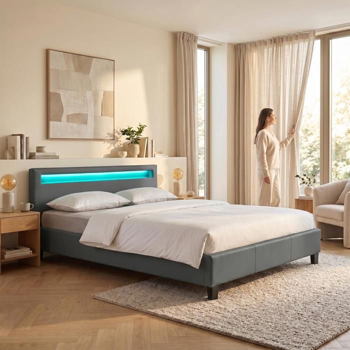 Lit LED double PINOT 140x190 cm, avec sommier, rev&ecirc;tement synth&eacute;tique gris