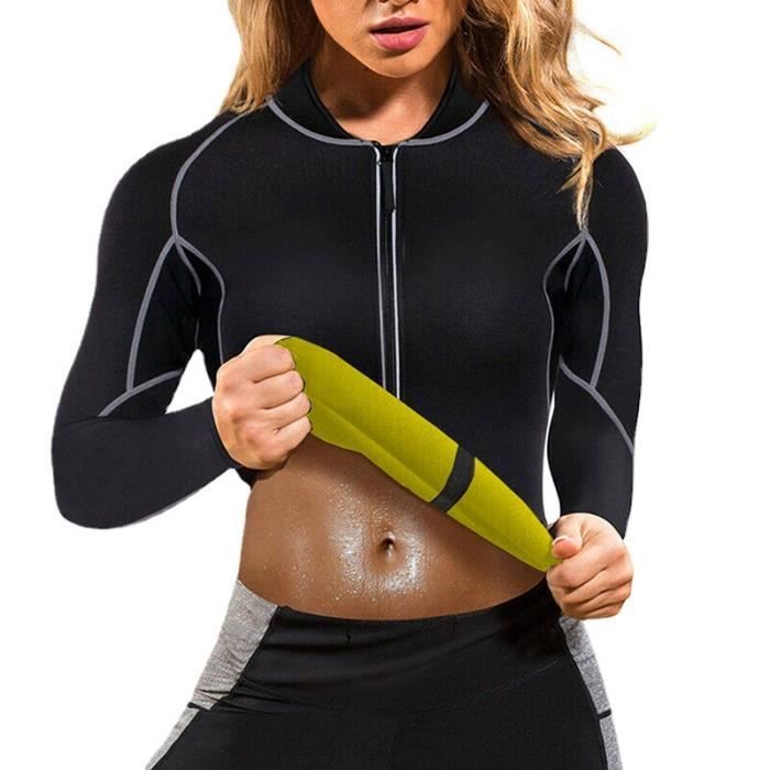 Vetement de Sudation Femme Gilet Sauna Fitness Sport Transpiration Néoprène T Shirt Manches Longues Zippé Survêtement Sudation Veste