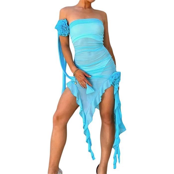 Femme Eté Robe Dos Nu sans Bretelles Ruffles Robe Sexy Tube Top Robe