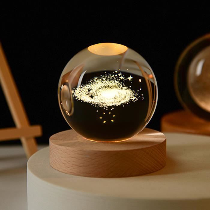 Veilleuse Boule De Cristal 3D Trèfle à Quatre Feuilles - Cristal K9 Avec LED - Base En Bois - USB - Décoration Et Cadeau