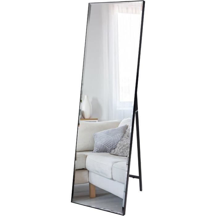 Grand Miroir Sur Pied 150 X 41 Cm Cadre Noir - Verre Trempé, Support Stable Fer, Idéal Chambre Salon Vestiaire