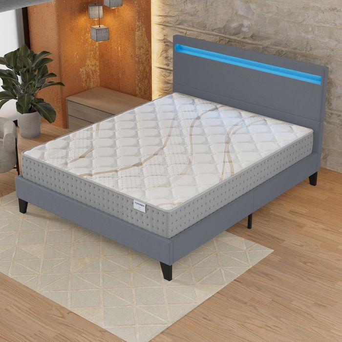 Ensemble MATELAS + LIT (120x190cm)- Essem 25cm Ressorts ensachés & Mousse HDensité + Sommier stable & tête de lit LED Gris