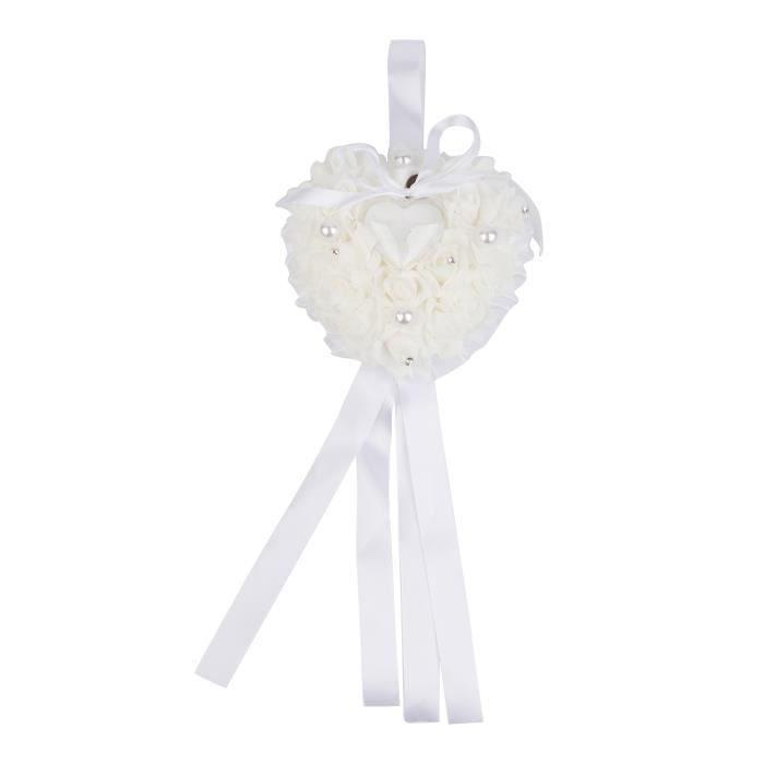 Oreiller Porte-alliance En Forme De Cœur – Satin Blanc – Mariage – 33 X 30,5 Cm