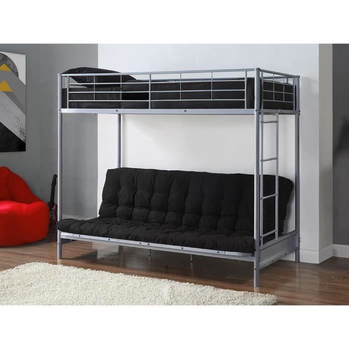 lit mezzanine 90x190 cm avec banquette convertible en métal argenté et futon noir - modulo v
