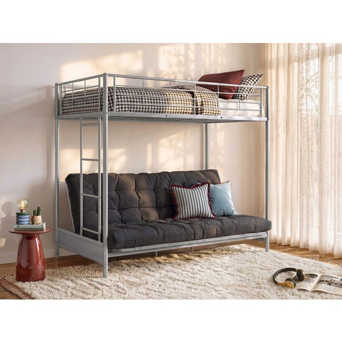Lit mezzanine 90 x 190 cm - Avec banquette convertible - Métal - Argent + Futon noir - MODULO V