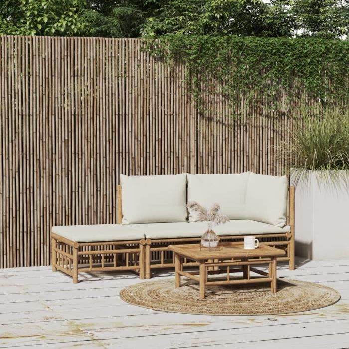 vidaXL Salon de jardin 3 pcs Bambou crème