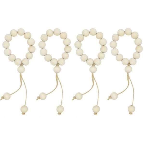 Lot De 12 Ronds De Serviette En Perles De Bois Bohème Avec Pompons - Décoration Table Mariage Noël