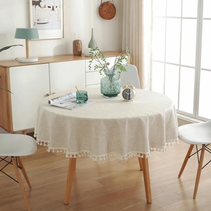 Nappe Ovale Gernaice 152x213 Cm Coton/lin Brodée - Rayures Rustiques, Pompons, Infroissable Lavable