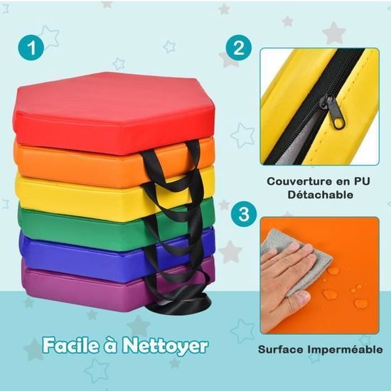 Lot De 6 Coussins De Chaise Enfant Carrés 40x40x6 Cm - Portable Avec Poignées Et Housse Cuir