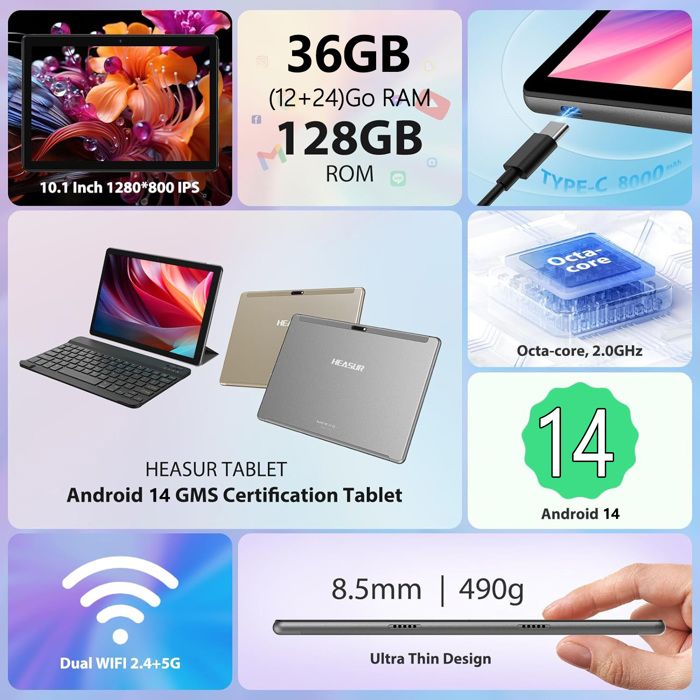 Tablette Android 14 10 Pouces - 36Go RAM, 128Go ROM, Octa-Core 2.0GHz, WiFi 6, Clavier Included