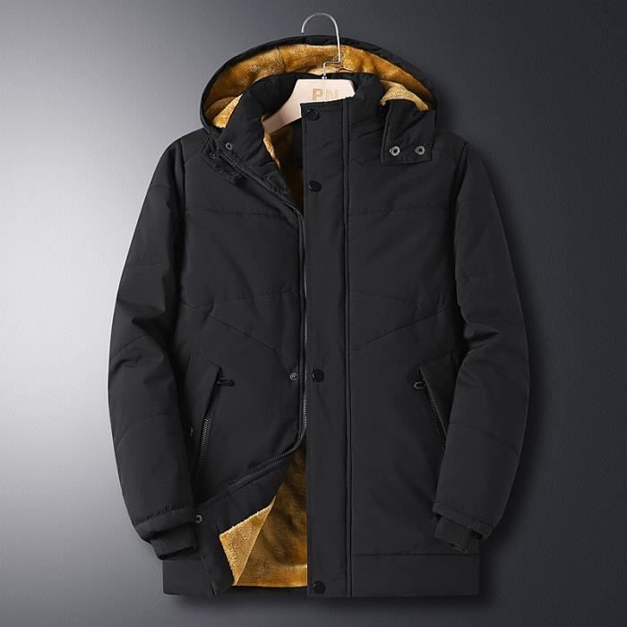 Parka Homme Hiver Doubl?�e polaire A capuche amovible Manches longues Chaud Epais Noir 