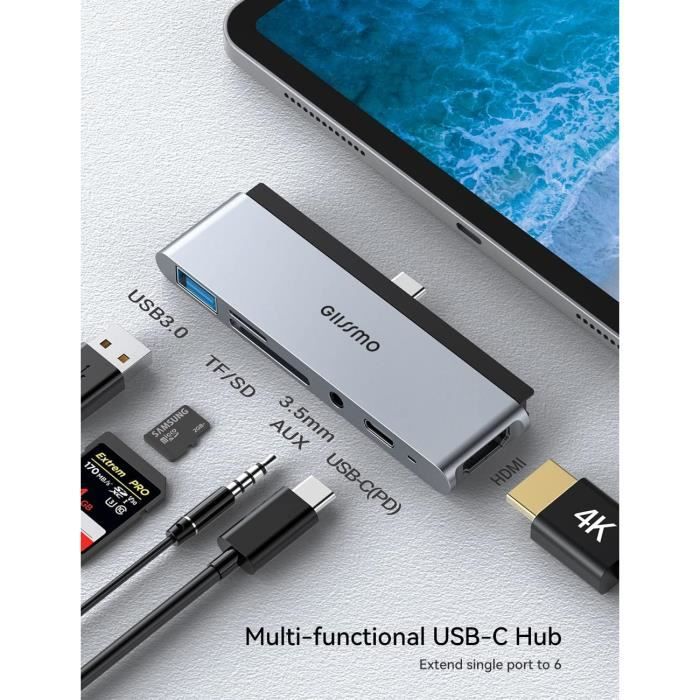 GIISSMO Adaptateur MacBook, Hub USB C avec Thunderbolt 3, HDMI 4K, 3 Ports  USB-A, Lecteur de Carte SD/TF, Accessoire MacBook Compatible avec MacBook