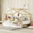 Lit cabane 140x200cm, lit de maison d'enfant, équipé d'un lit gigogne, 4 compartiments de rangement, blanc-2