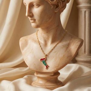 Collier Pendentif Carte De L'Italie - Plaqué Or 750, Email Rouge - 41-45 Cm - Neuf Avec étiquettes