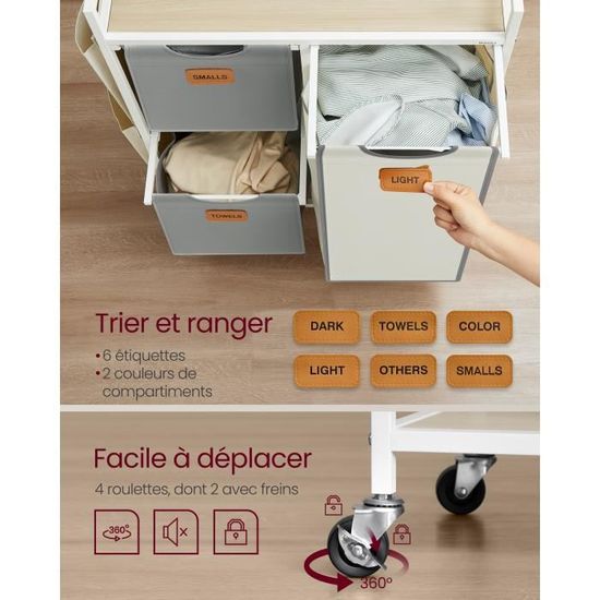 VASAGLE Panier à Linge, 3 Compartiments, Corbeille 100 L, Bac, Roulettes, Chariot avec Étagères, Sac, Poches Latérales, 6 Étiquettes, Beige Naturel, Gris Tourterelle et Blanc Crème BLH202G01