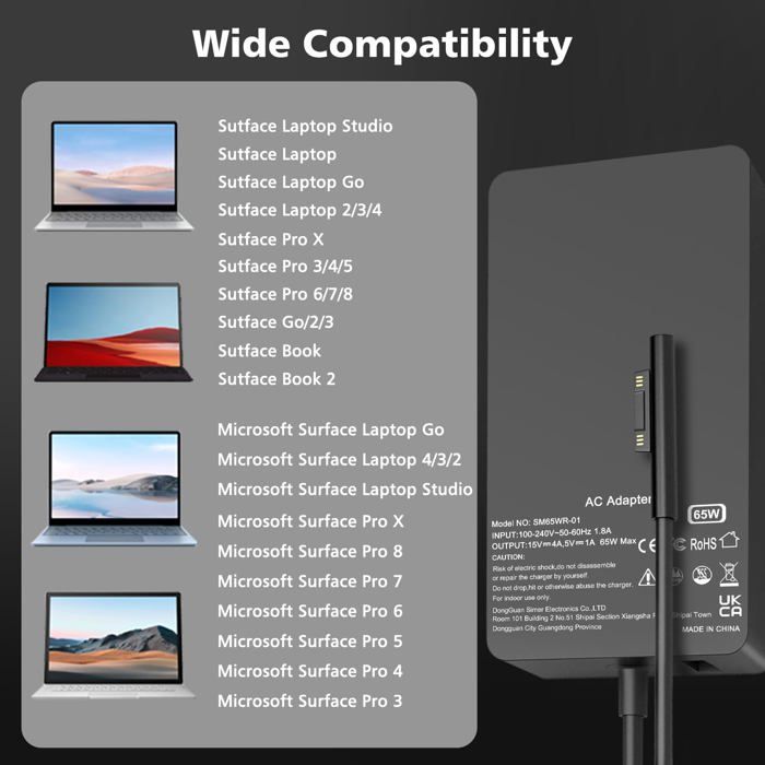 Chargeur 65W Pour Microsoft Surface – Compatible Surface Pro 8/7/6…, Surface Laptop, Book – Câble Magnétique 3 M, Port USB Supplémentaire - 7
