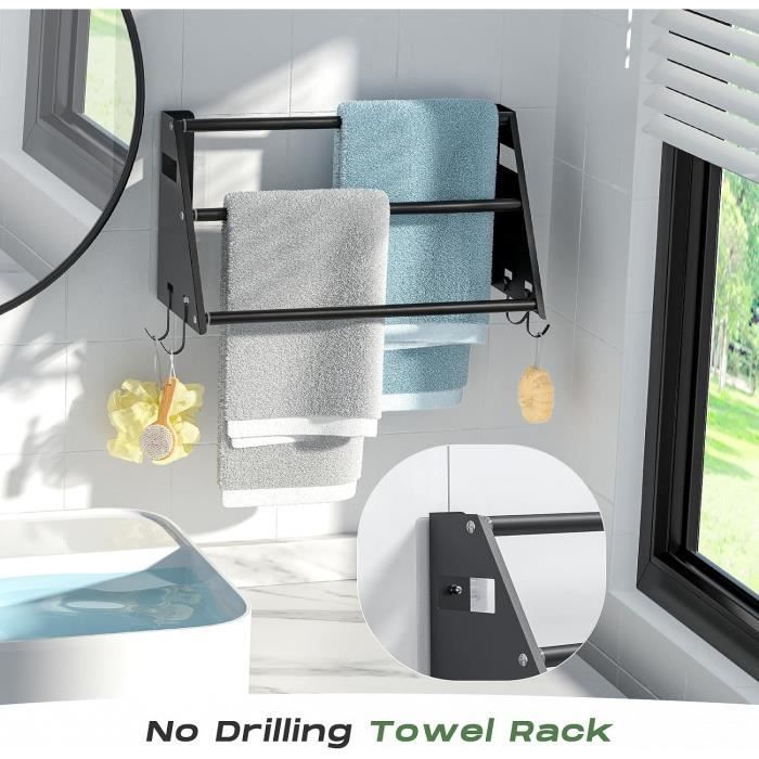 SAYAYO Porte-Serviettes Mural 3 Niveaux 64 Cm Noir Mat – Support Serviettes Salle De Bain Cuisine, Design Trapézoïdal, Aluminium Anti-Rouille