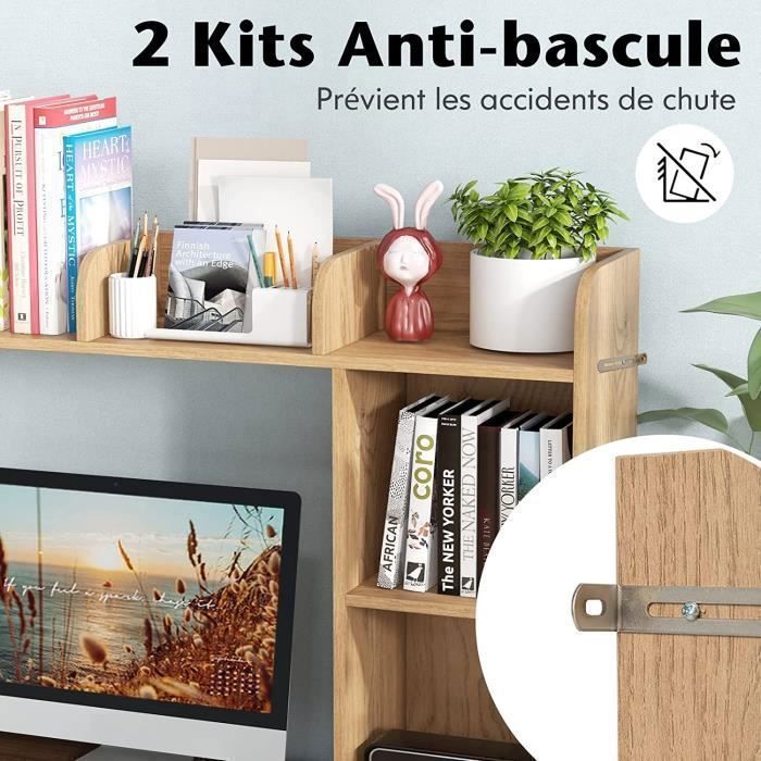 Organiseur Bureau GOPLUS Avec Étages - Pour Moniteur 27", Anti-Basculement, Naturel, 94x74 Cm