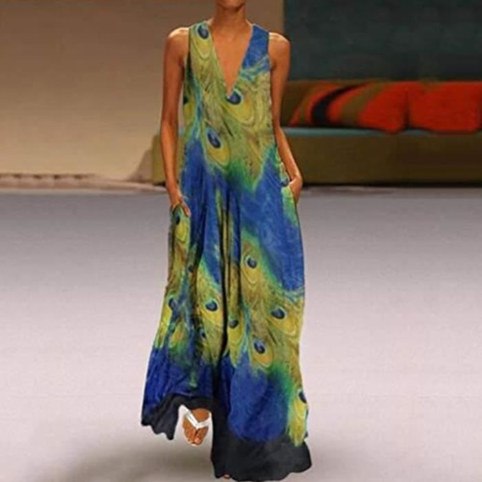 Robe FBWP3 2019 ete automne lin robe decontractee sans manches col en V plume impression Maxi reservoir longue robe robe de travail Bleu Cdiscount Pret a Porter