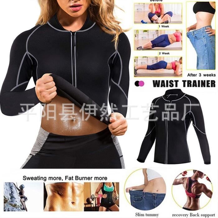 Vetement de Sudation Femme Gilet Sauna Fitness Sport Transpiration Neoprene T Shirt Manches Longues Zippe Survetement Sudation Veste