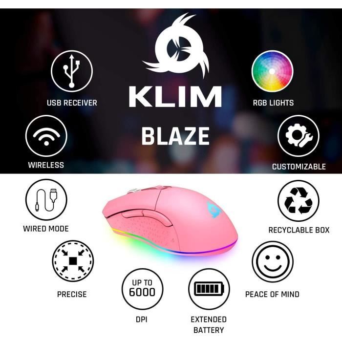 KLIM Blaze - Souris Gamer sans Fil RGB - Nouveauté 2024 - Rechargeable -  Capteur Haute Précision avec Batterie Longue Durée - 6000 DPI Réglable -  Modes et sans Fil (Noir) : : Informatique