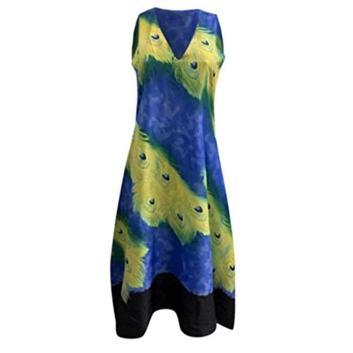 Robe FBWP3 2019 ete automne lin robe decontractee sans manches col en V plume impression Maxi reservoir longue robe robe de travail Bleu Cdiscount Pret a Porter