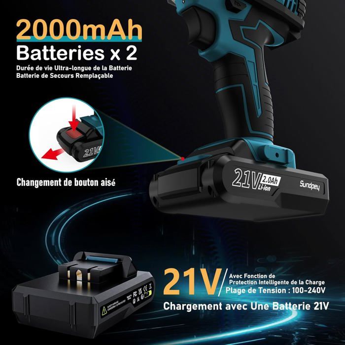 Sundpey Perceuse Visseuse Sans Fil 21V Avec 2 Batteries - 45Nm, 18+1 Réglages, 21 Accessoires - Bleu - Idéal Bricolage Maison