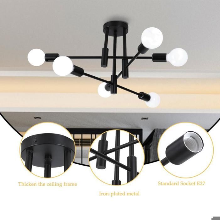 Plafonnier Vintage Industriel Noir 6 Spots E27 Orientables B.K.Licht - NEUF