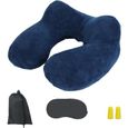 Coussin, oreiller de voyage gonflable avec bouchons d’oreilles, masque de nuit et sac de rangement - Bleu - Vivezen-0