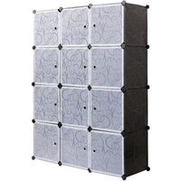 Armoire Penderie de Chambre, Étagère de Rangement, Meuble de Rangement Modulaire en Plastique, Noir, 12 Cubes - Meerveil