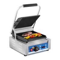 Machine à panini nervurée Royal Catering RCKG-2200-GY (1800W fonte acier émaillée minuterie 0-15min récupérateur de graisse inox)