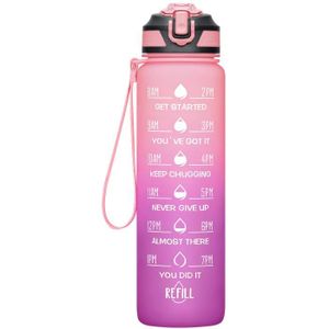 GOURDE Bouteille d'eau Gourde de Sport 1000ml, ABS 100% sans BPA, fermeture étanche, marqueur de temps, rose et violet