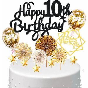 Figurine décor gâteau Décoration De Gâteau 10 Ans Garçon Fille, Deco De Gâteau Toppers Happy 10Th Birthday Noir Or, Cake Topper 10E Anniversaire G[u1668]