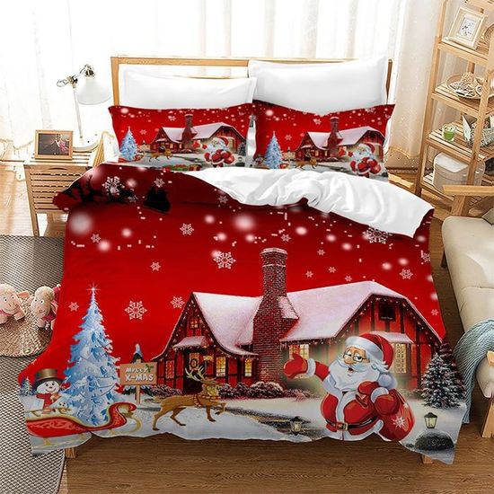 Housse De Couette Noël - Motif Bonhomme De Neige Et Jungle - 135x200 Cm + 2 Taies - Microfibre Douce - Réversible - Toutes Saisons