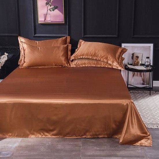 Drap Housse - Luxe - Satin de Soie Glacée - 230x250 cm - Marron - Queen ...