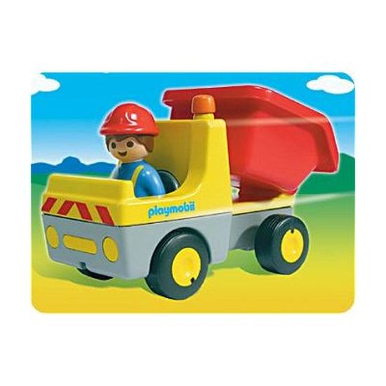 Playmobil 71686 Junior : Ouvrier avec Camion et Garage - Comprenant Une Benne basculante Mobile et Un Garage - Jouet fabriqué à partir de matière d'origine végétale - Dès 12 Mois